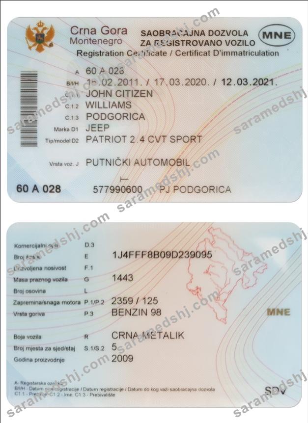 MONTENEGRO vehicle registration certificate